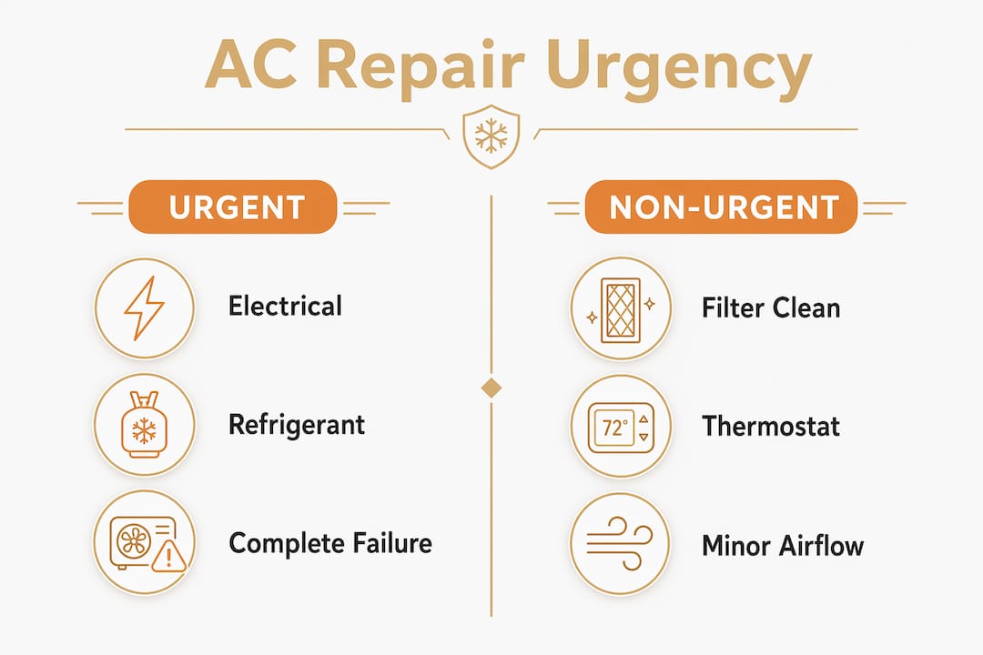 Why AC Repair Is Urgent: What Homeowners Must Know why ac repair is urgent why ac repair is urgent 1780144587940 Infographic comparing urgent and non urgent AC repair issues Infographic comparing urgent and non-urgent AC repair issues
