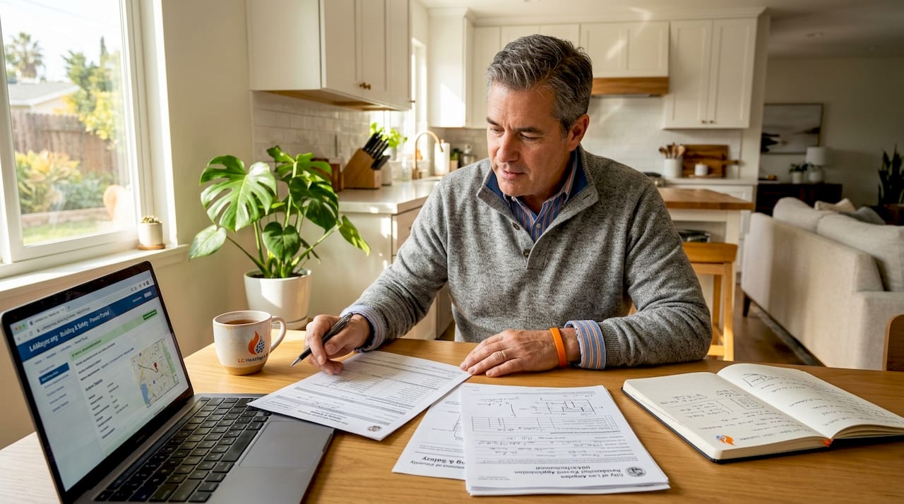 Homeowner reviewing HVAC permit paperwork