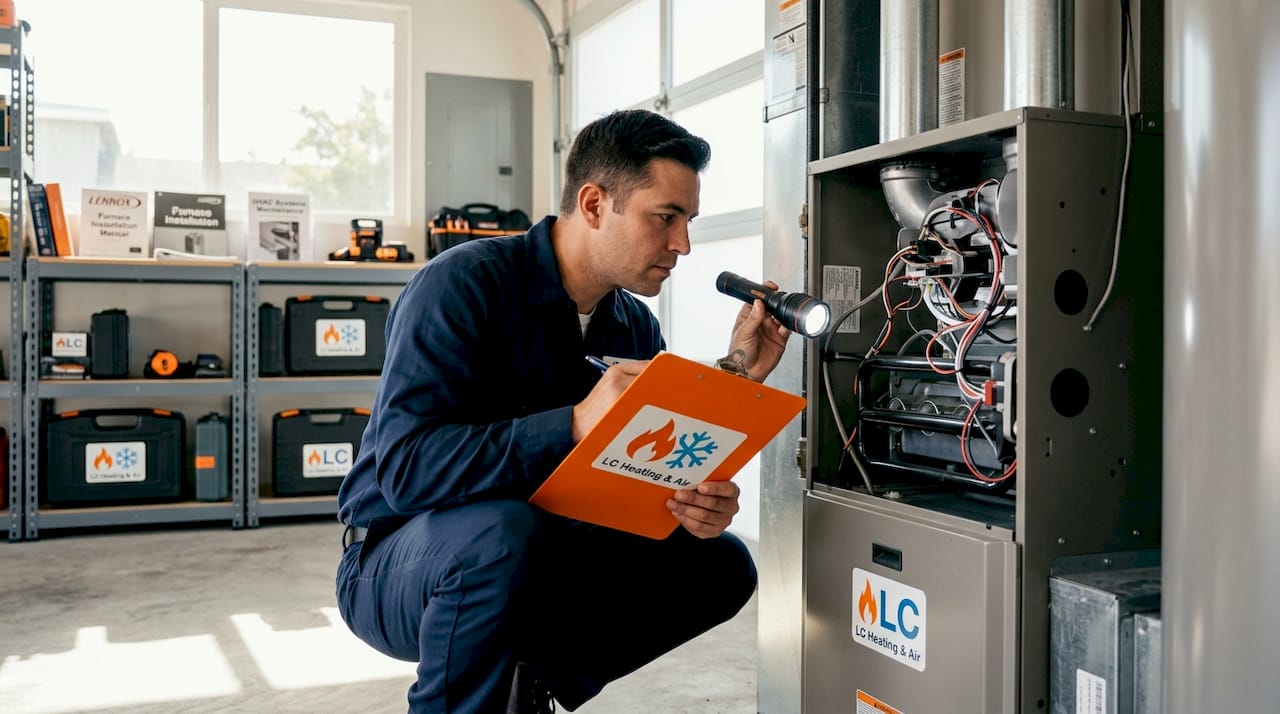 HVAC technician inspecting home furnace
