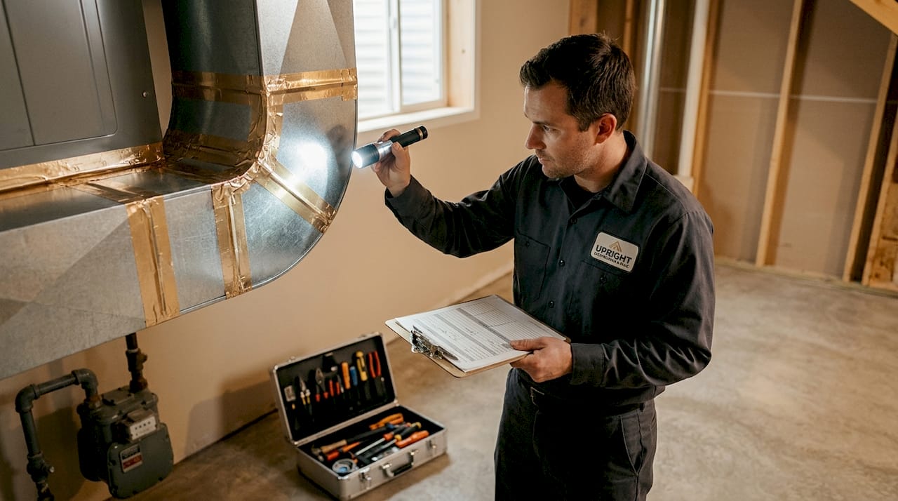 HVAC technician inspecting ductwork in basement