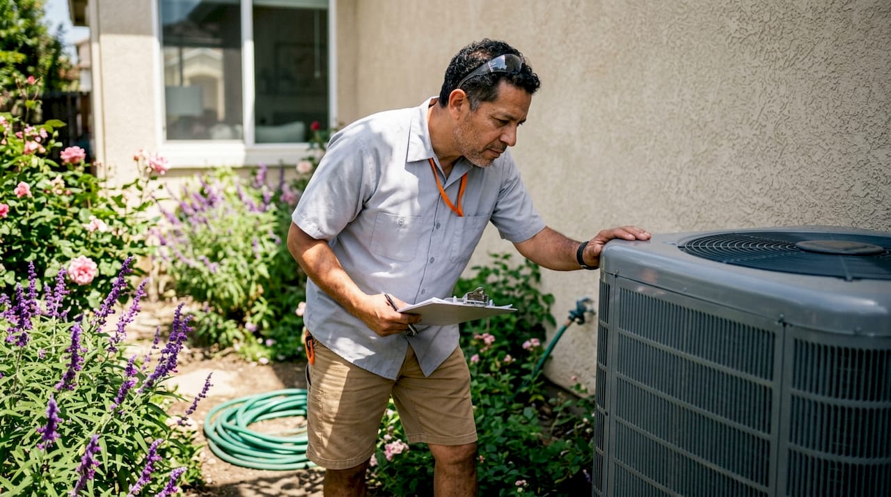 Homeowner inspecting AC unit installation