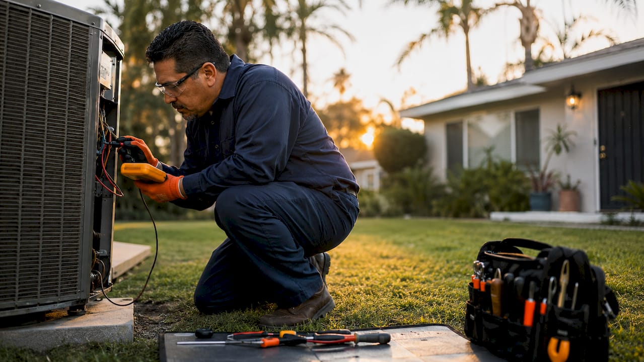 Technician inspecting outdoor AC unit