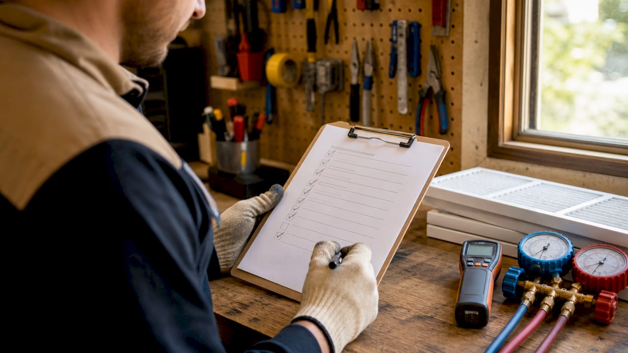 Technician hands with HVAC inspection checklist