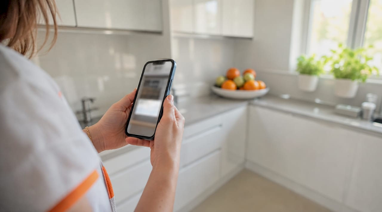 Homeowner's hands holding AC data plate photo on phone