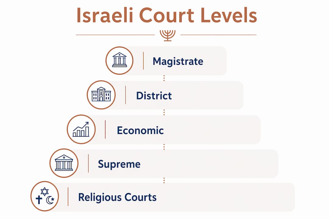 Israeli Legal Jurisdiction Rules: What Foreigners Must Know 3 Infographic showing Israeli court levels hierarchy