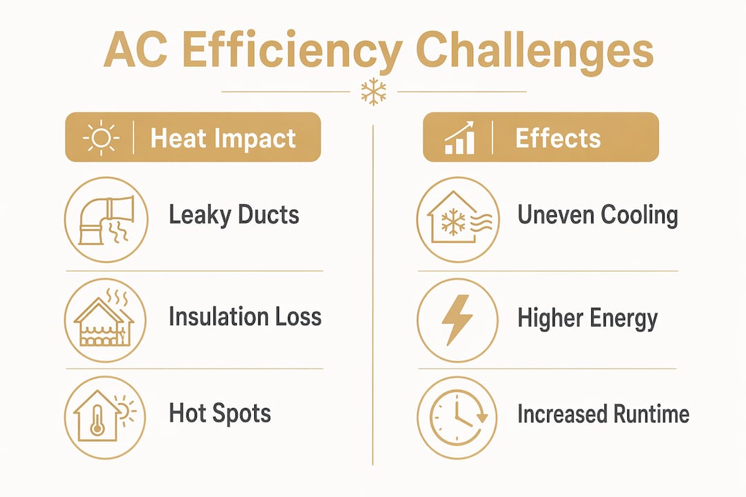 How Los Angeles Heat Affects AC Performance and Efficiency how los angeles heat affects ac how los angeles heat affects ac 1780650445400 Infographic illustrating AC heat related efficiency problems and effects Infographic illustrating AC heat-related efficiency problems and effects