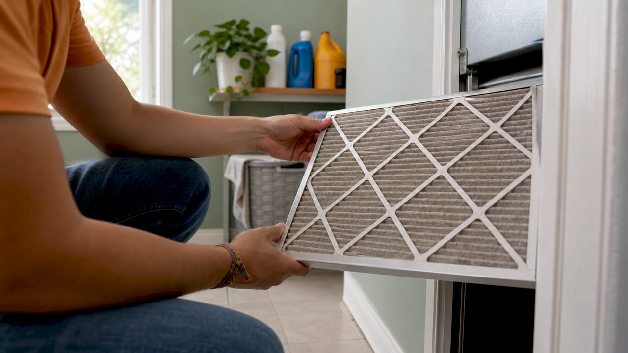 Close-up of hands inspecting HVAC air filter