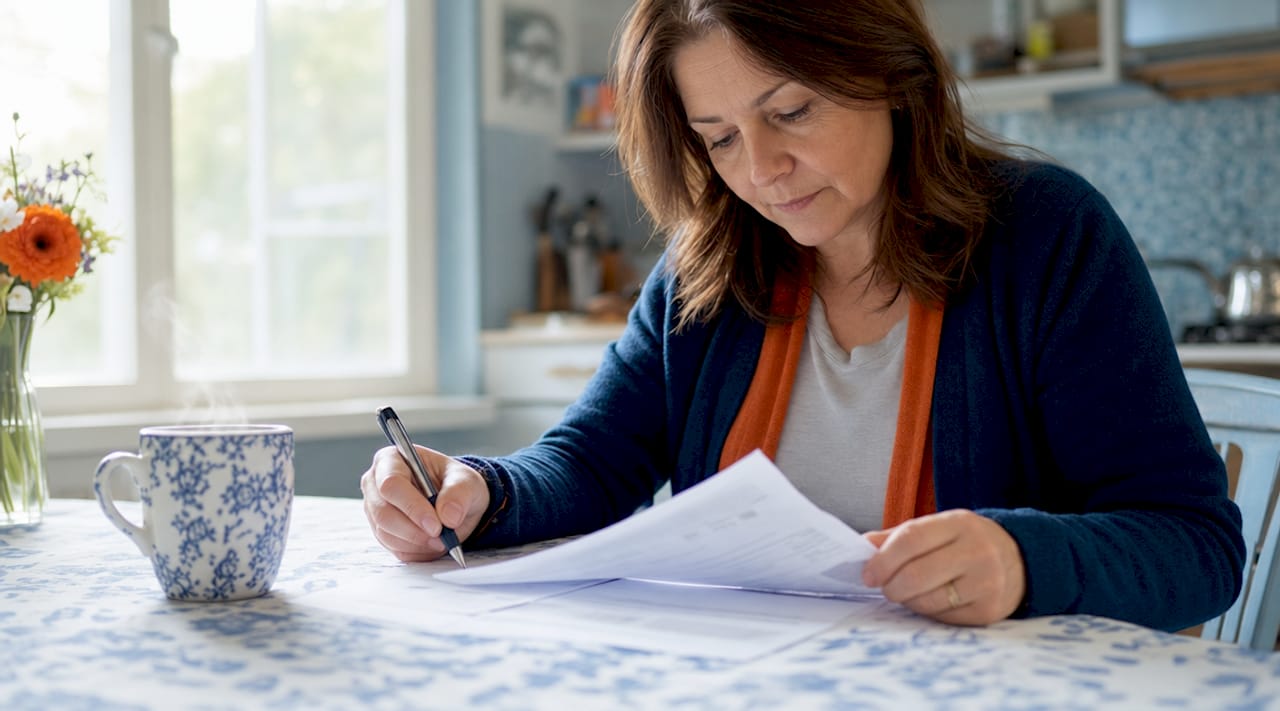 Homeowner reviewing HVAC warranty documents at table