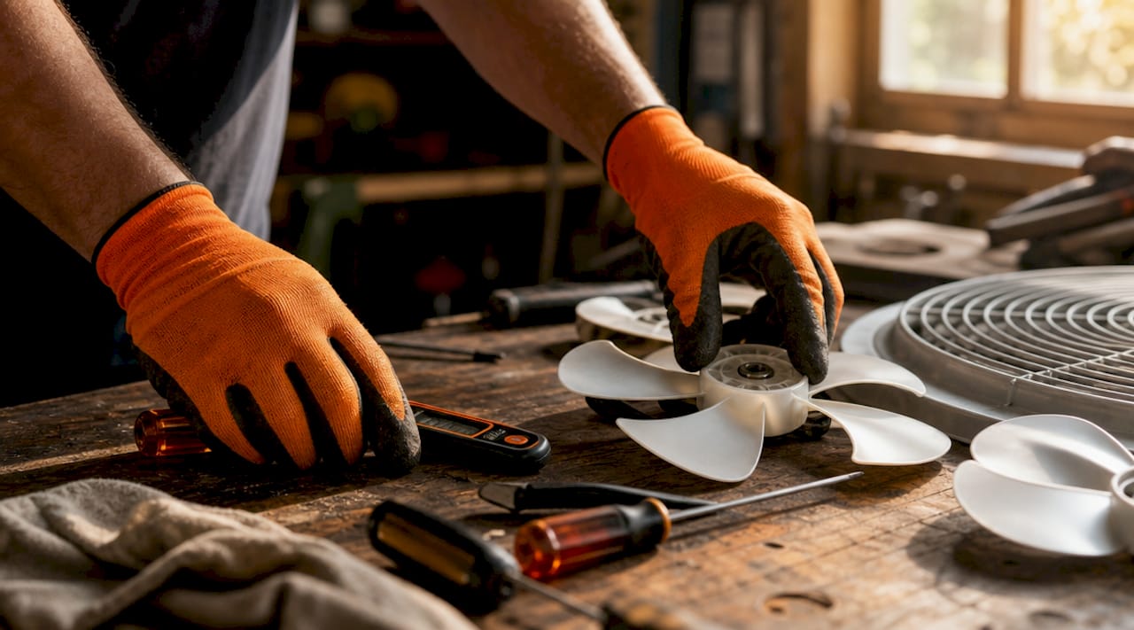 Technician's hands with AC repair tools and parts