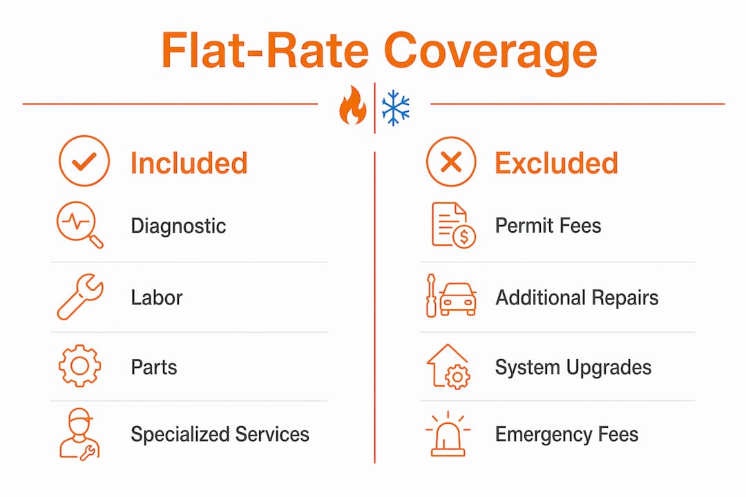 Infographic comparing included and excluded flat-rate AC repair costs