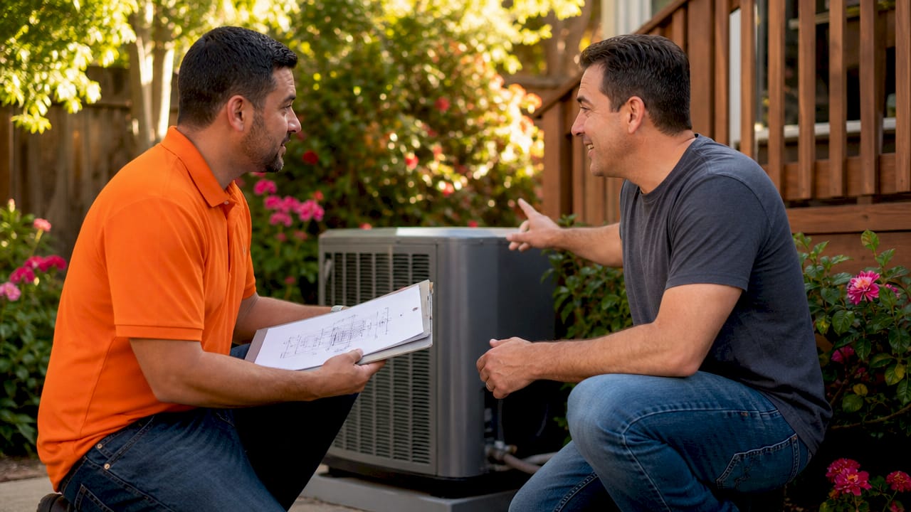 Homeowner and technician reviewing AC repair details outside