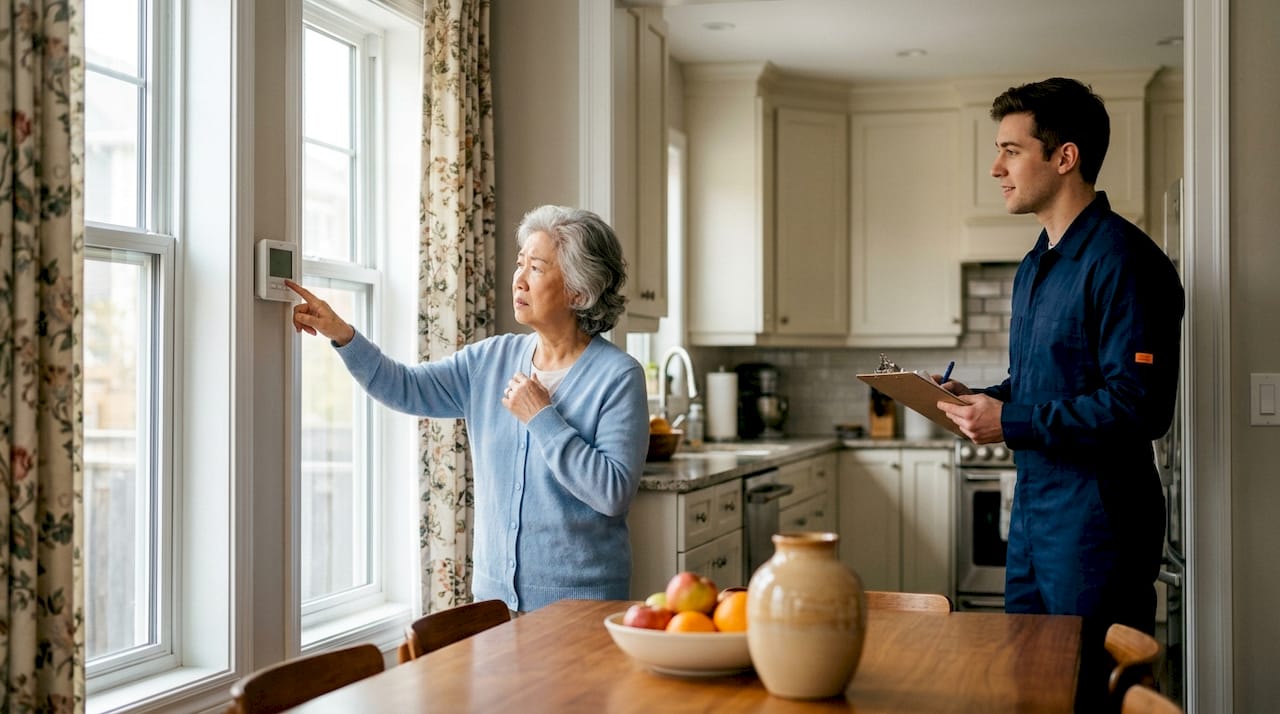 Emergency AC Repair: Find Fast Help in Los Angeles emergency ac repair find fast emergency ac repair find fast 1780910504862 Elderly woman and HVAC technician checking thermostat indoors Elderly woman and HVAC technician checking thermostat indoors