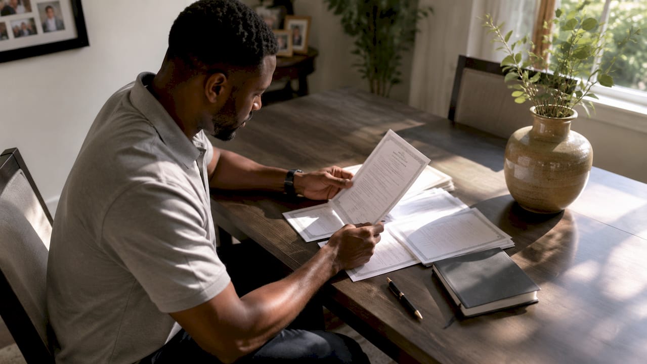 HVAC technician reviewing license documents at table