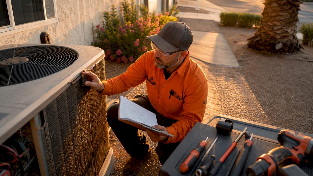 HVAC technician inspecting AC unit under valley heat