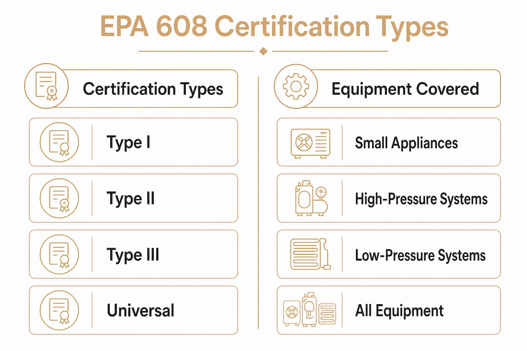 What Is AC Repair Certification? Your 2026 Career Guide what is ac repair certification what is ac repair certification 1781000173729 Infographic displaying EPA 608 certification types and equipment covered Infographic displaying EPA 608 certification types and equipment covered