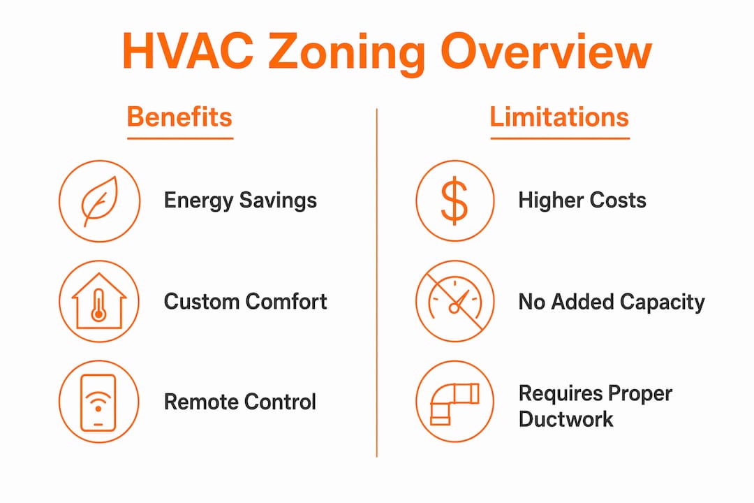 Infographic showing HVAC zoning benefits and limitations