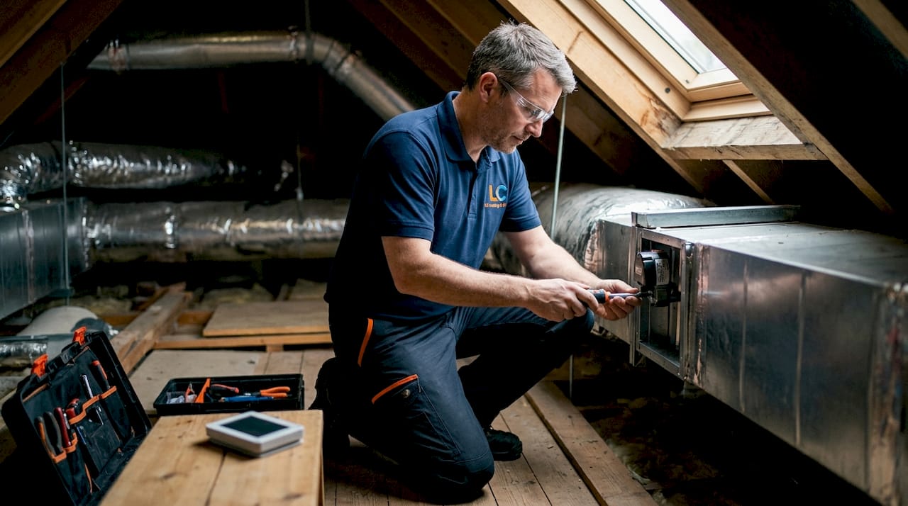 Technician installing HVAC zoning system damper