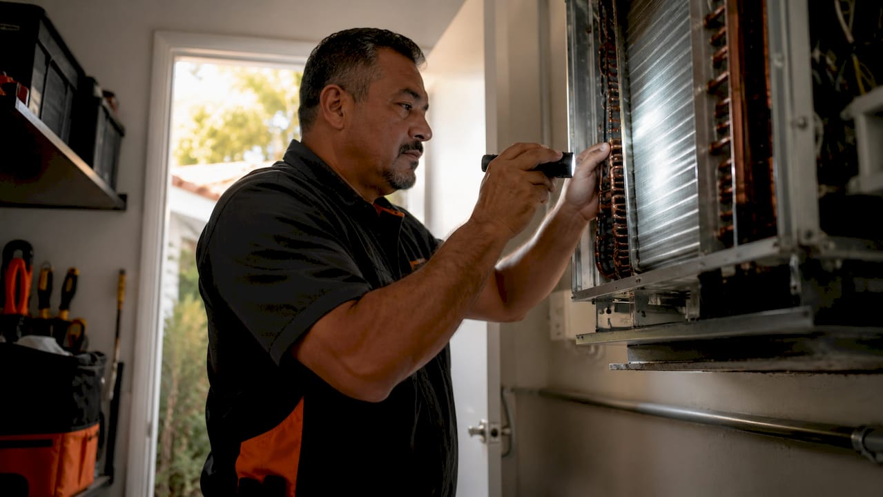 Homeowner inspecting AC heat exchanger unit