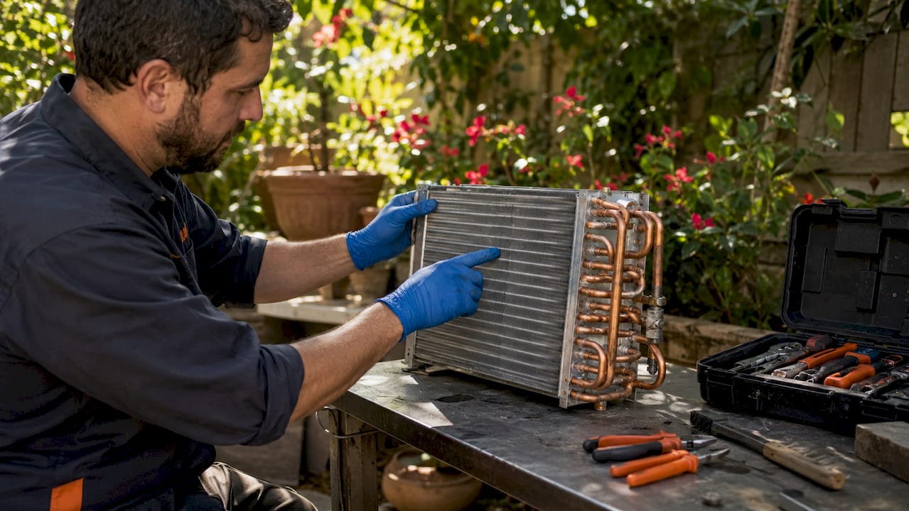 Technician demonstrating heat exchanger coil operation