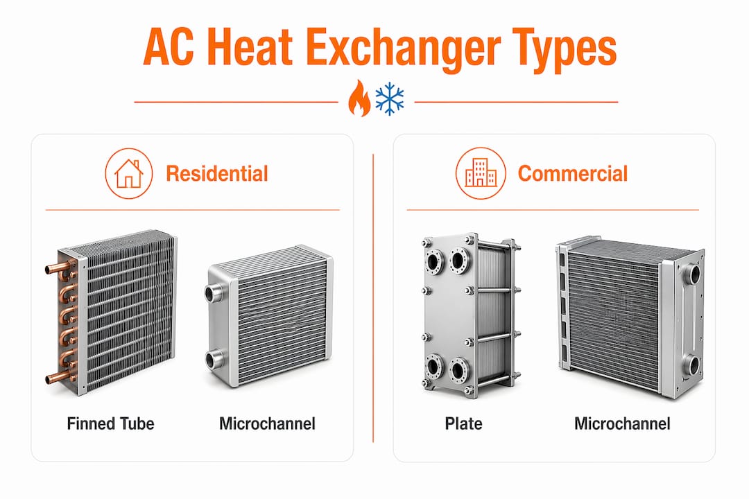 Infographic comparing types of AC heat exchangers