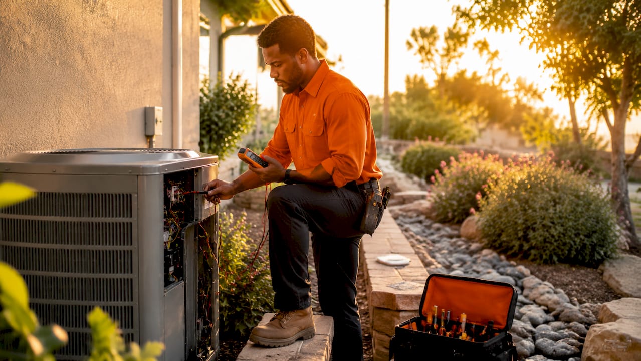 Technician inspecting outdoor air conditioner