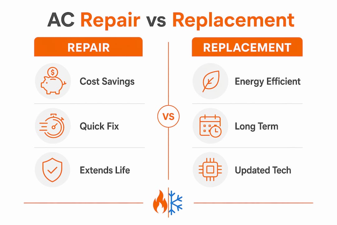 Infographic comparing AC repair and replacement benefits