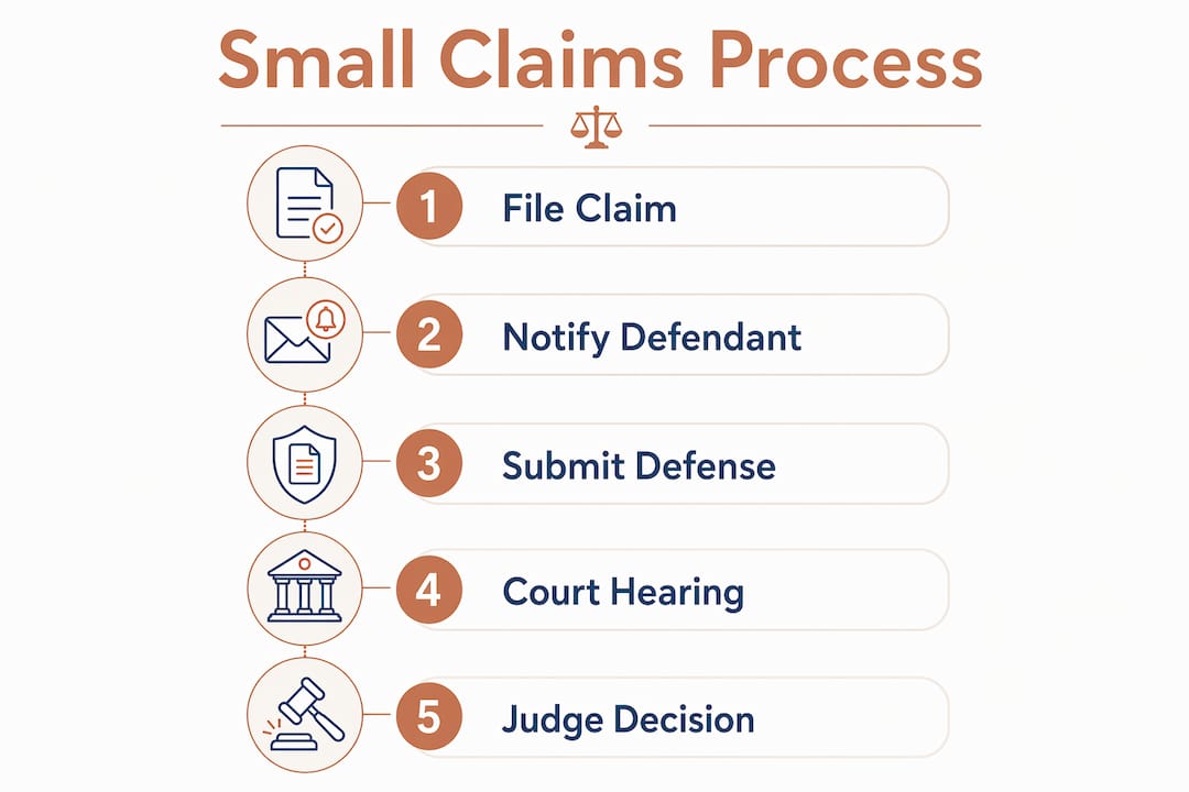 Israeli Small Claims Court: What You Need to Know 3 Infographic illustrating small claims court process steps
