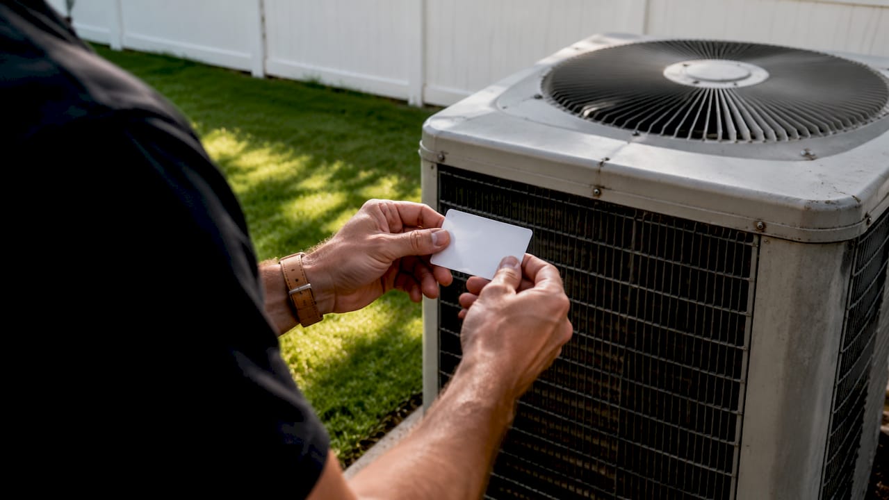 How to Organize HVAC Maintenance Records at Home hvac maintenance records organize hvac maintenance records organize 1781325122002 Hands holding laminated equipment model card by HVAC unit Hands holding laminated equipment model card by HVAC unit