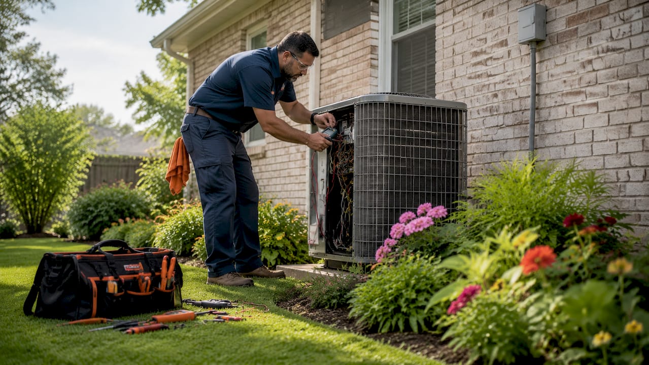 HVAC technician inspecting outdoor cooling unit