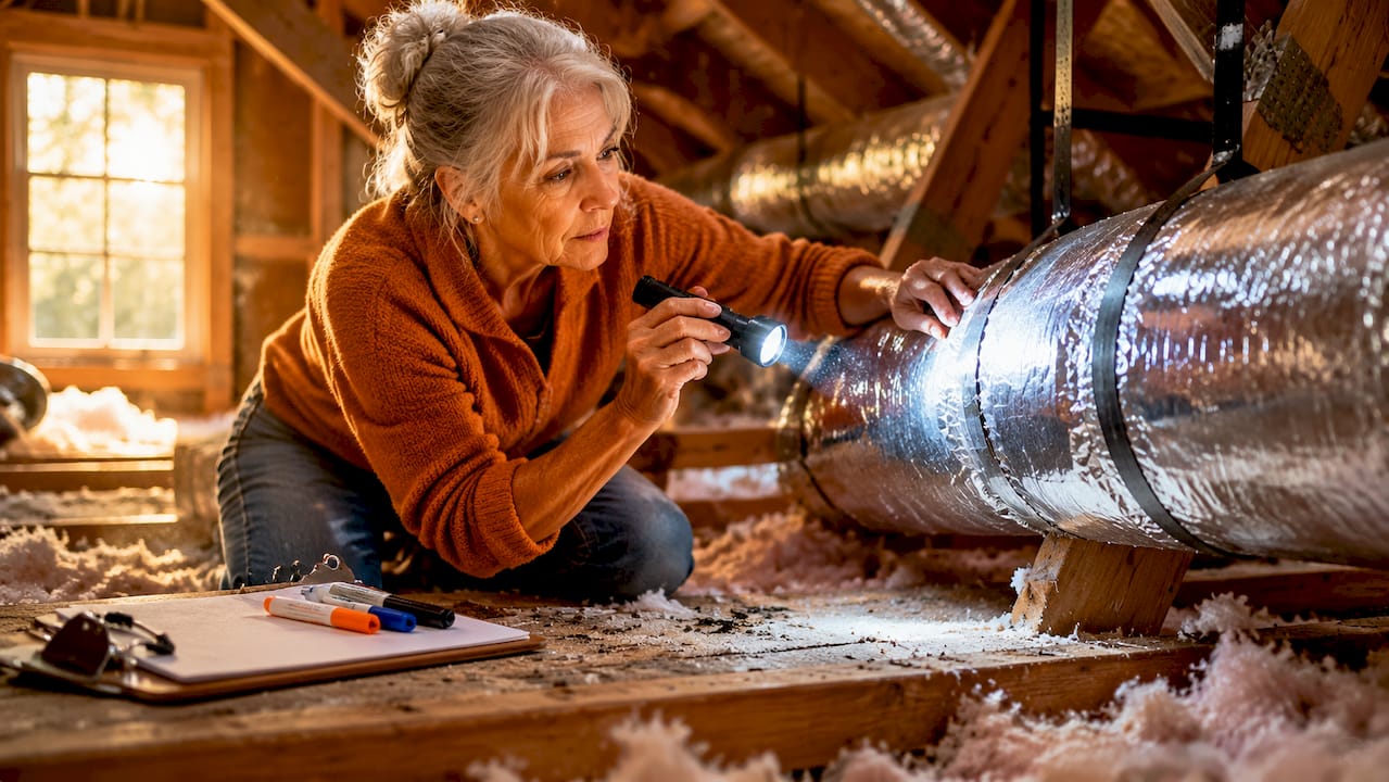 Homeowner inspecting ductwork leaks in attic