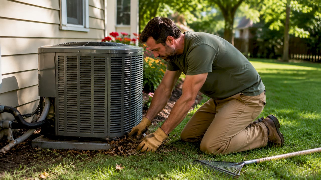 HVAC Tune-Up Preparation Steps for Homeowners hvac tune-up preparation steps hvac tune-up preparation steps 1781417000244 Homeowner clearing debris near outdoor HVAC unit Homeowner clearing debris near outdoor HVAC unit