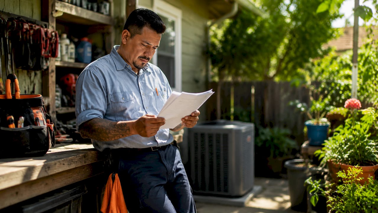 HVAC contractor reviewing insurance paperwork at desk