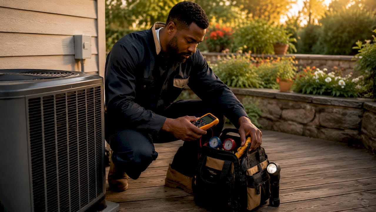 Technician organizing AC diagnostic tools outdoors