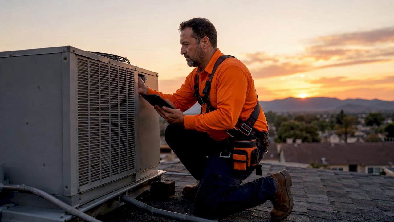 HVAC technician inspecting home rooftop unit