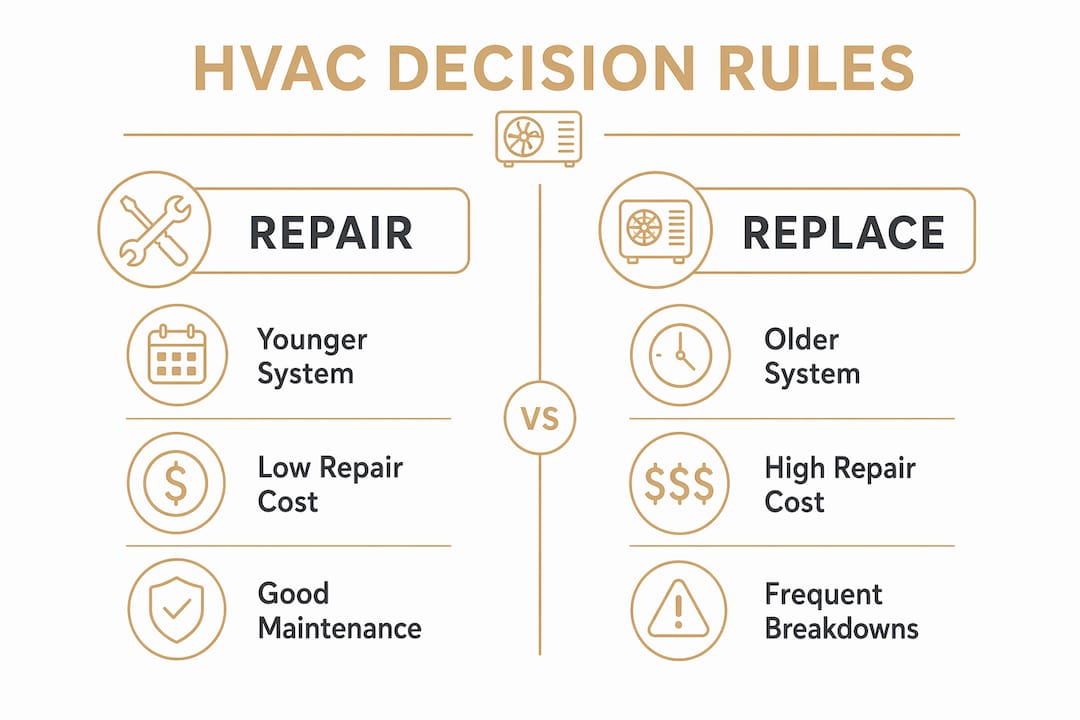 Infographic comparing HVAC repair and replacement factors