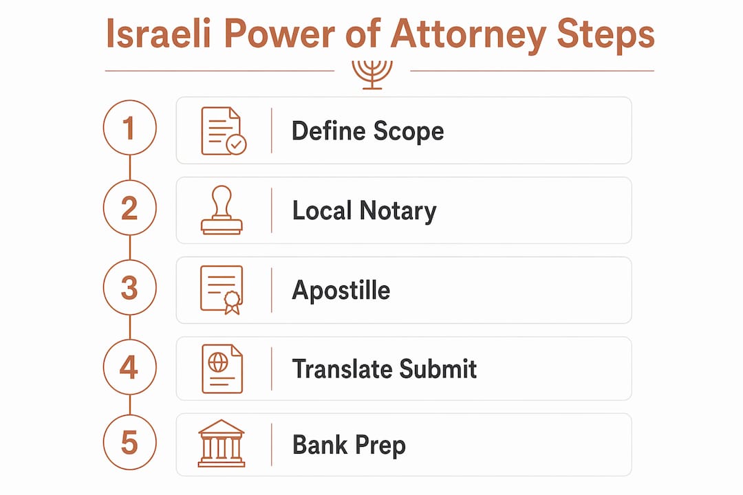 Israeli Power of Attorney Explained for Cross-Border Heirs 2 Infographic outlining steps to execute Israeli power of attorney