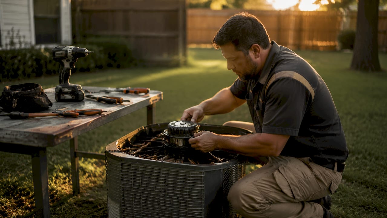 Technician hands replacing AC fan motor with tools