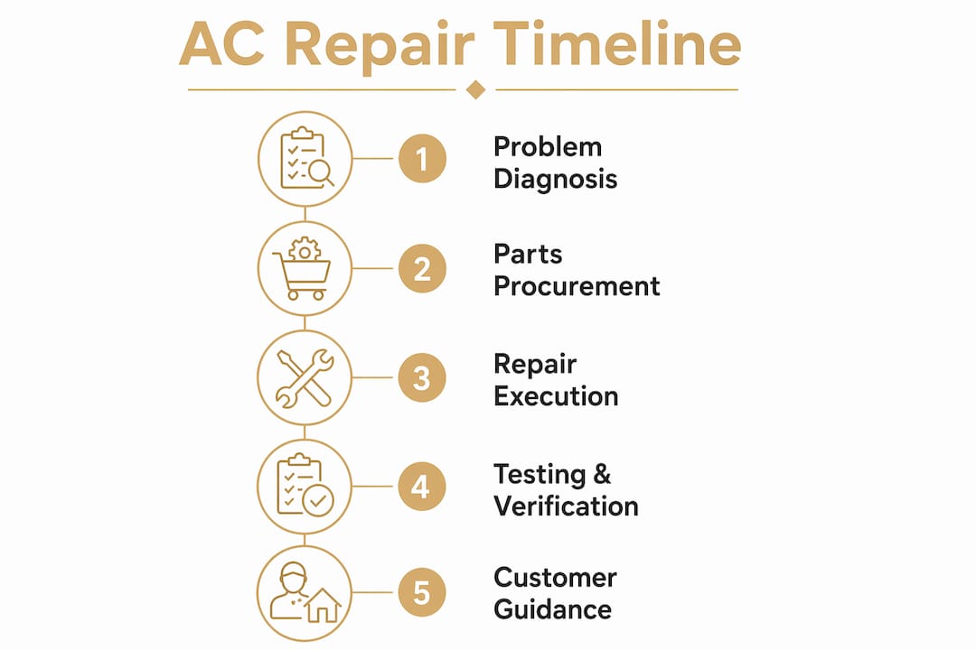 Infographic showing AC repair timeline with numbered steps