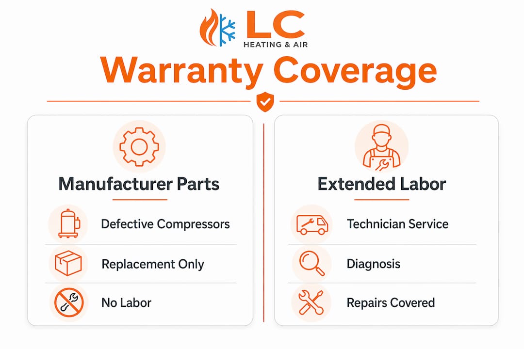 Infographic comparing HVAC warranty parts and labor coverage