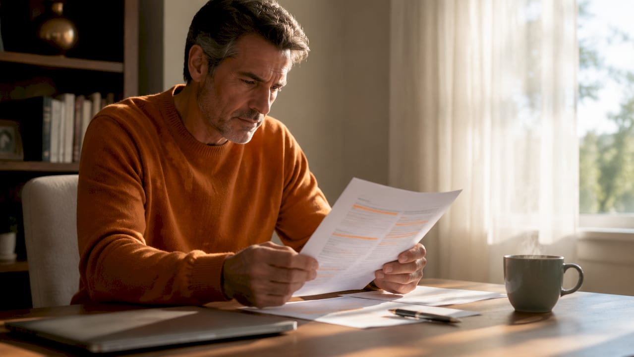 Homeowner reading HVAC warranty documents at table