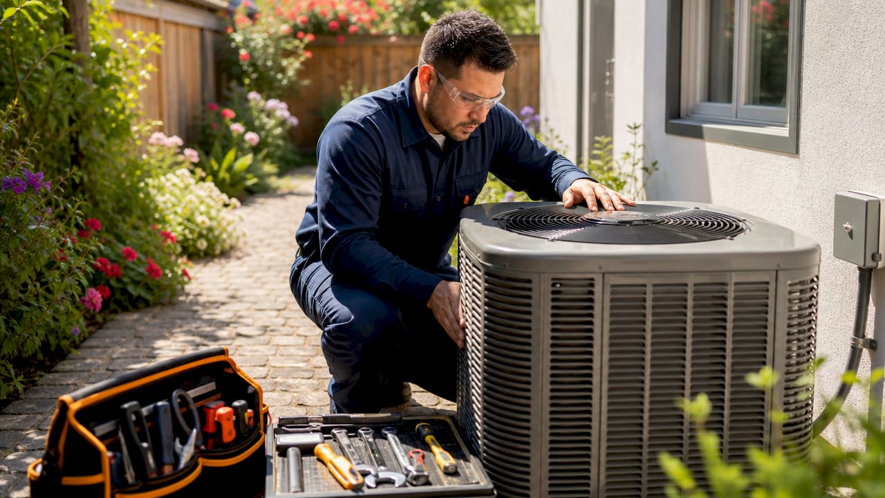 HVAC technician inspecting outdoor compressor unit