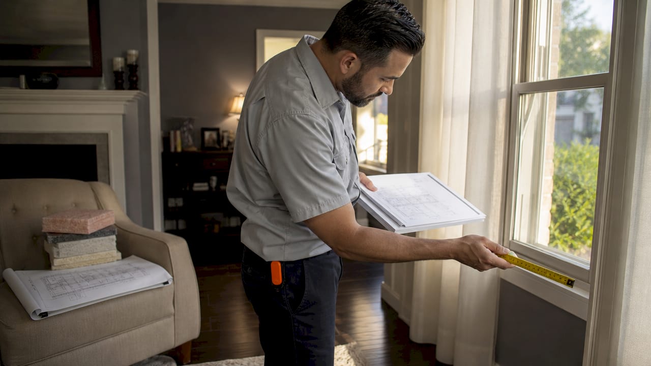 Technician measuring window for HVAC load calculation