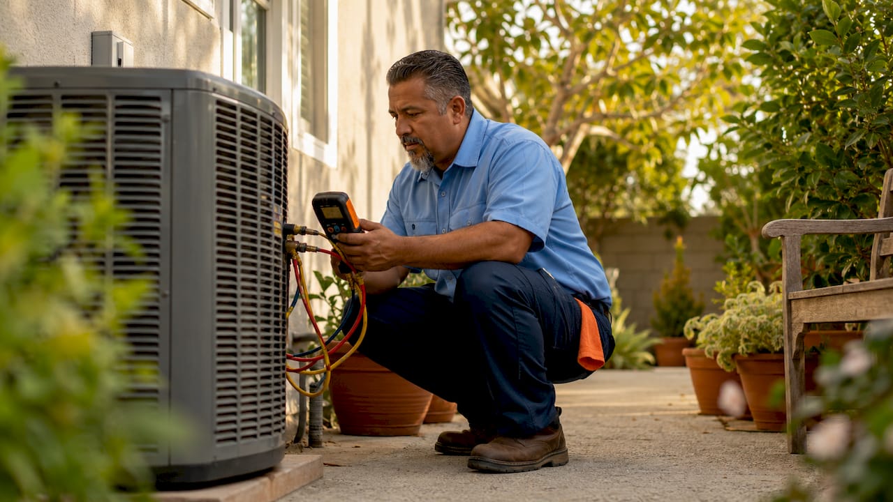 Technician checking central AC outdoor unit