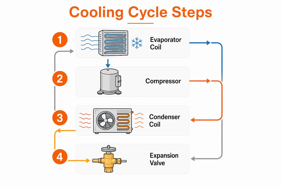 Infographic of central AC refrigeration cycle steps