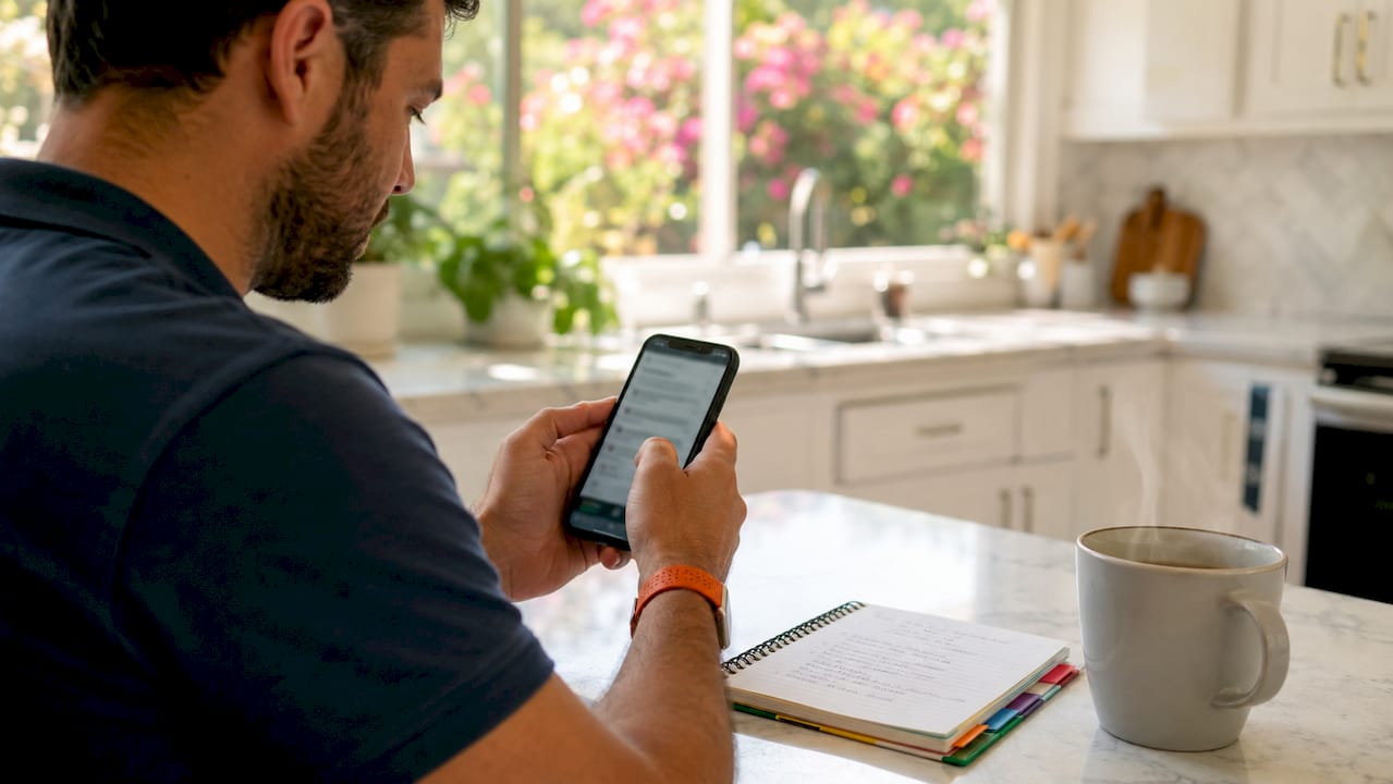 Hands checking HVAC license on smartphone at workbench