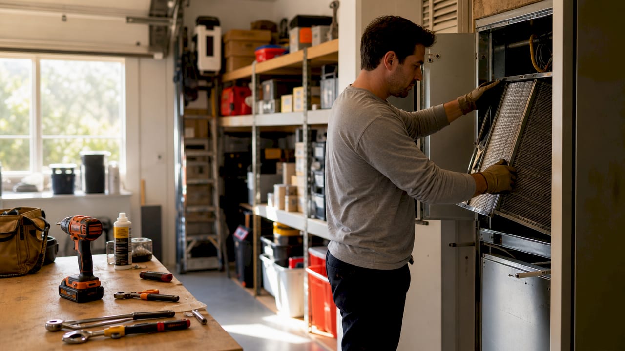 Hands adjusting evaporator coil in air handler unit