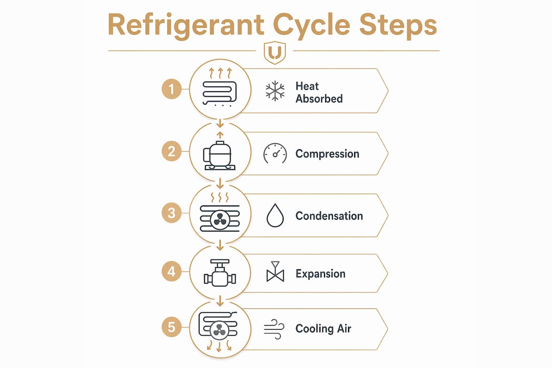 Infographic illustrating refrigerant cycle steps in central AC system
