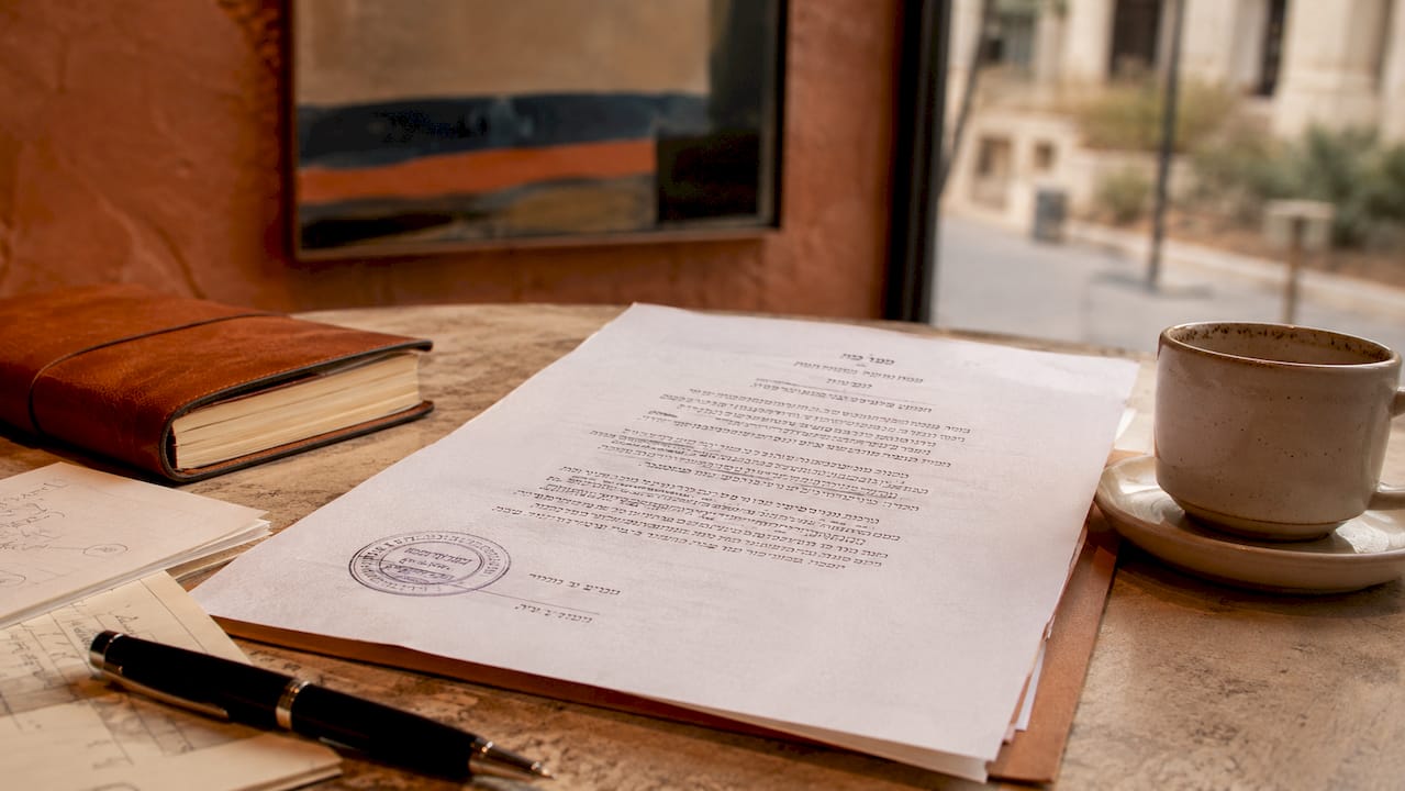 Hands exchanging notarized Israeli legal document