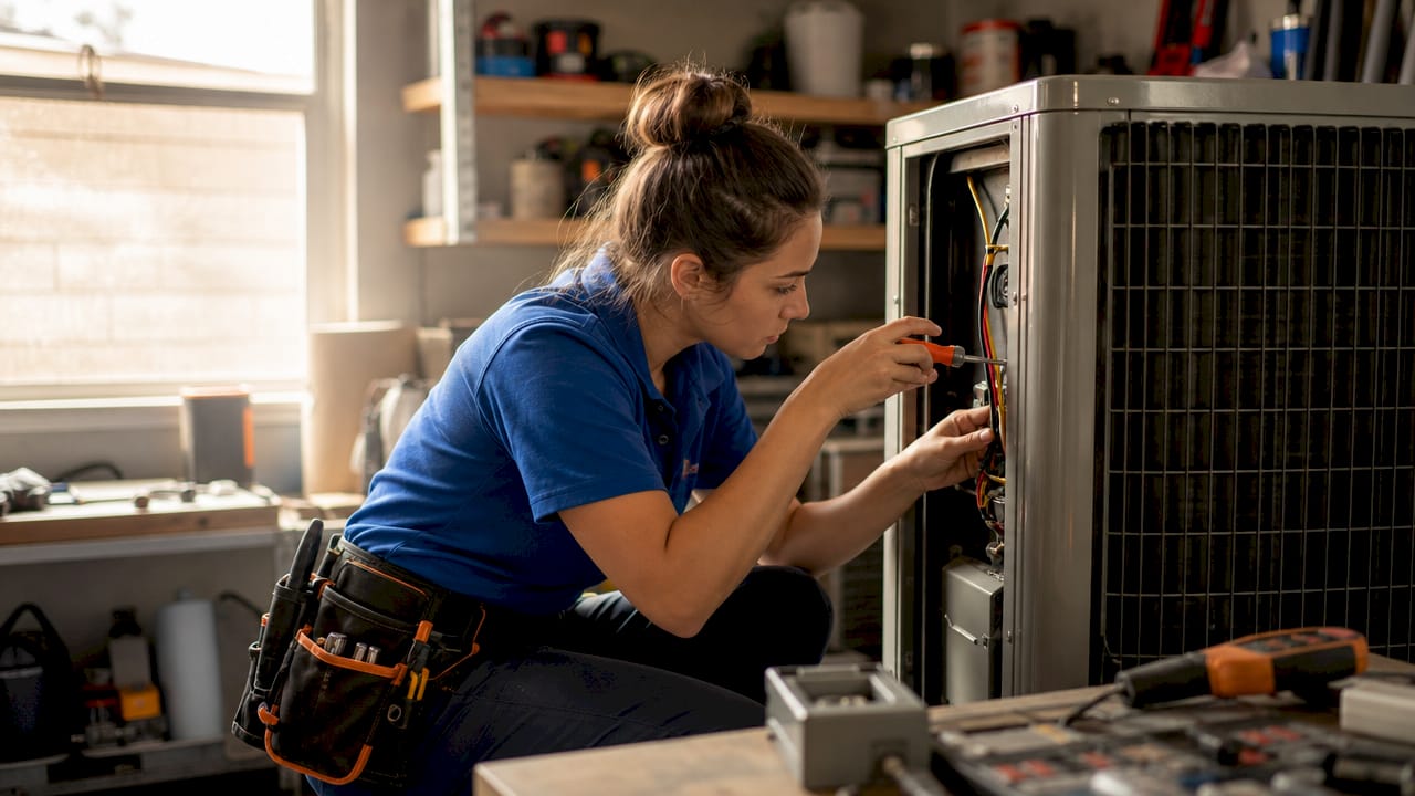 HVAC technician repairing air conditioning unit