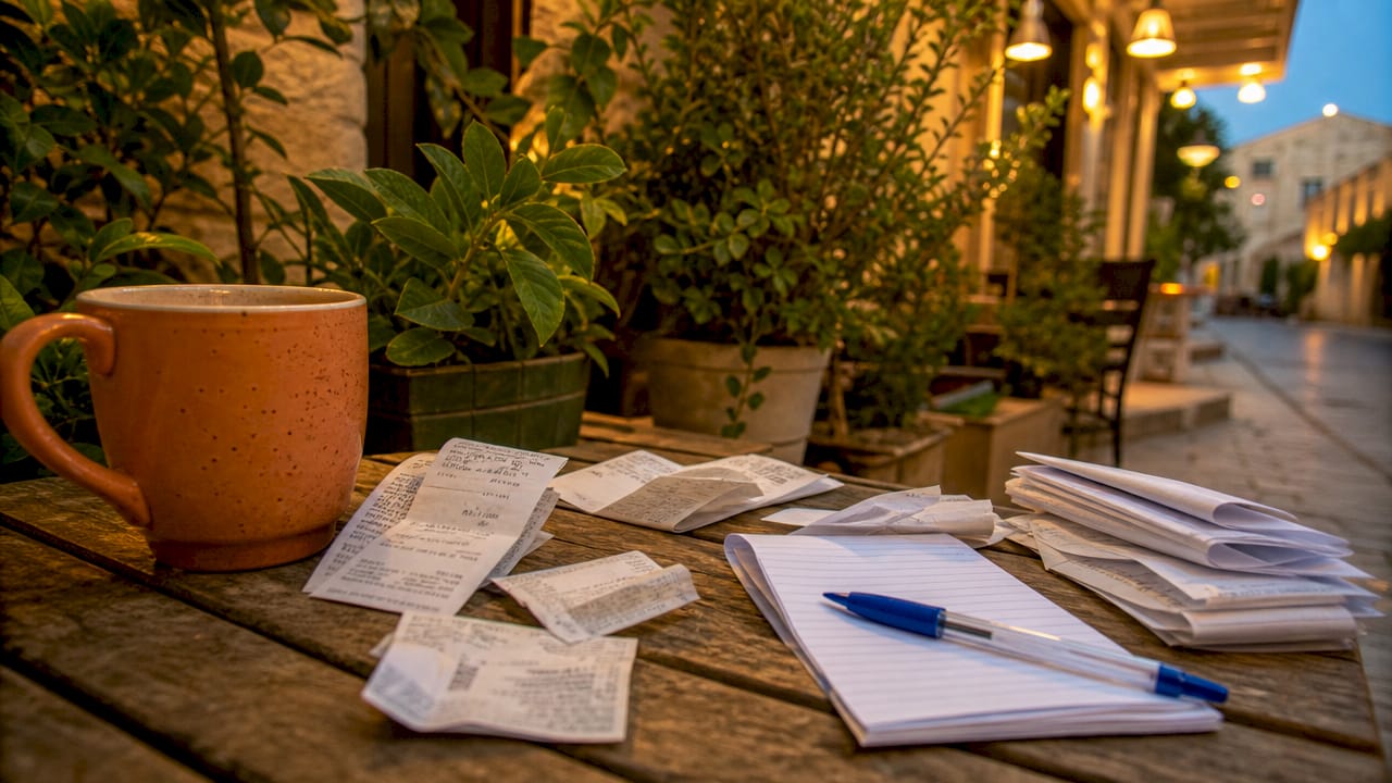 Receipts and calculator on outdoor Jerusalem cafe table